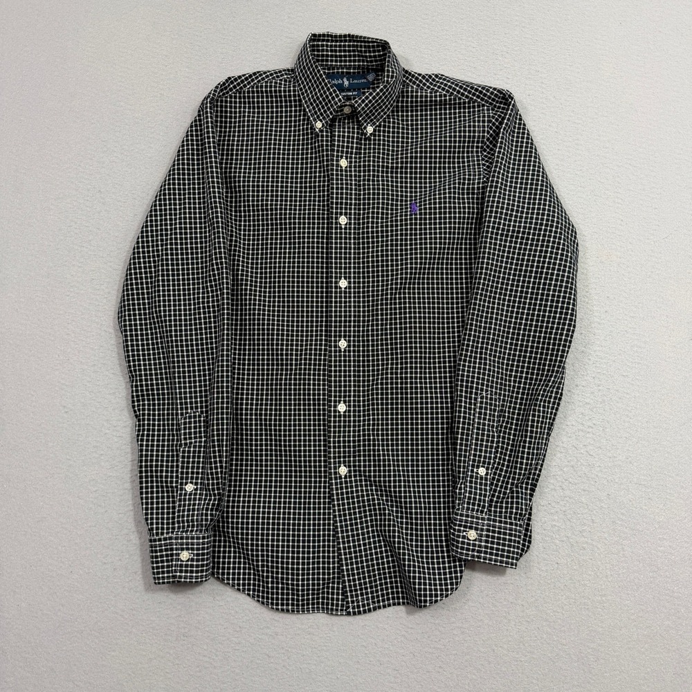 Vintage Polo Ralph Lauren Button Down Shirt Small Black Custom Fit Gingham Plaid